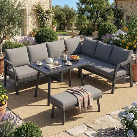 Graue Gartenmöbelgarnitur für 8 Personen, Ecksofa, Tisch und Bank, geflochtene Arm- und Rückenlehnen, verzinkte Stahlrohre
