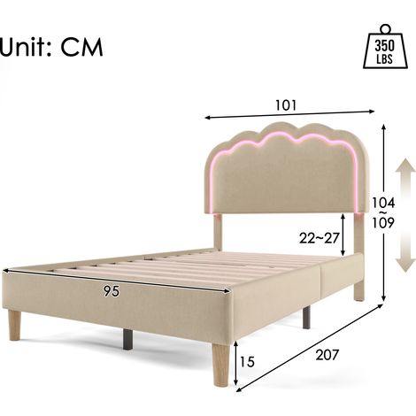 Lit rembourré à LED, couchage 90x200 cm, sommier à lattes et tête ajustable, housse en lin beige, parfait pour chambre ado ou invitée. (1/5)
