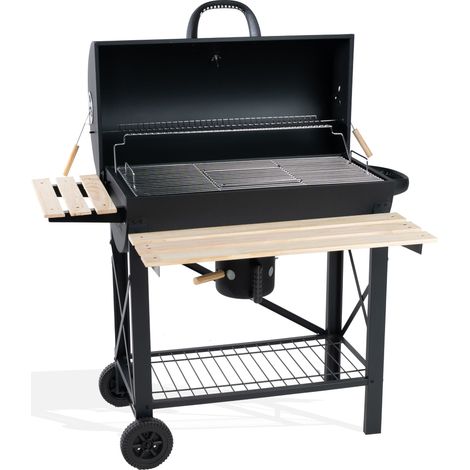 Barbecue Charbon de Bois XXL avec Couvercle Barbecue à Charbon Américain Barbecue Extérieur avec grille 71x38 cm 2 Tablettes en bois Rabattables Récupérateur de Cendres Ravigarden