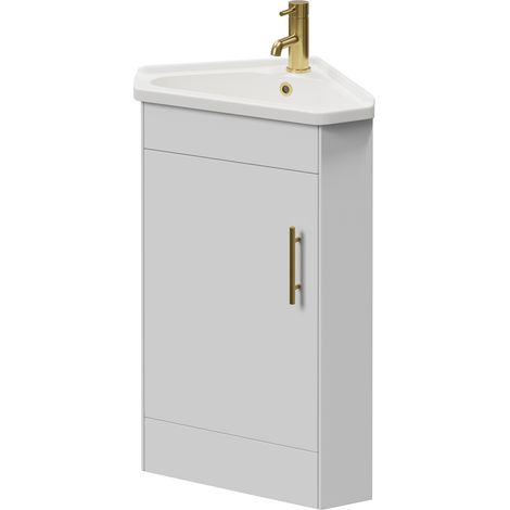 Alexander James Gloss White 580mm Single Door Corner Vanity Unit - 550mm - Brushed Brass 96mm Knurled Bar Handle