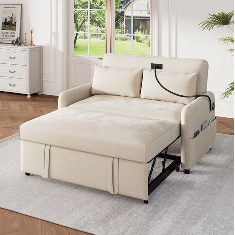 Sofa 129x163 cm 2-Sitzer in beiger Chenille, verstellbare Rückenlehne 108/135/180° und USB-Anschlüsse (1/5)
