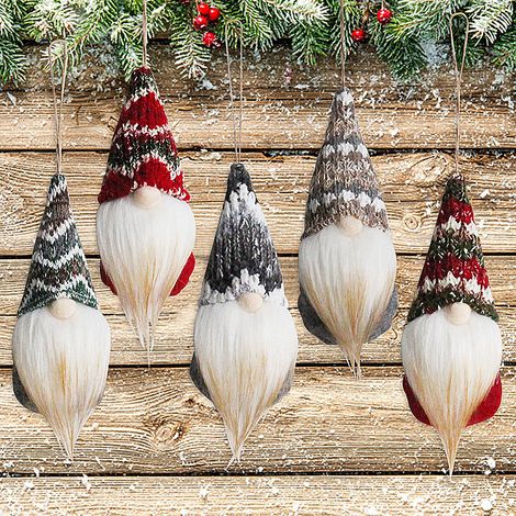 Lot de 5 gnomes de Noël suspendus, faits main, en peluche, représentant le Père Noël et un lutin scandinave. Décorations de Noël à suspendre pour la maison. (1/4)