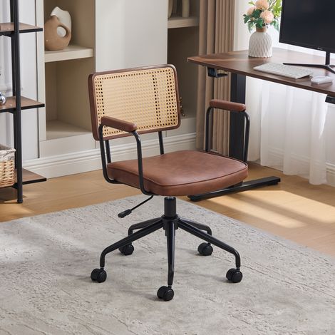 Fauteuil de bureau vintage en rotin avec accoudoirs - Fauteuil de bureau pivotant réglable avec assise en cuir PU et dossier en cannage synthétique pour bureau à domicile (Marron (1/5)