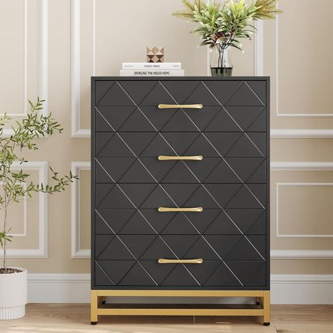 Commode Noire 4 Tiroirs avec Poignées Dorées et Pieds en Métal - Design Géométrique - 60,5 x 40 x 92 cm (1/5)