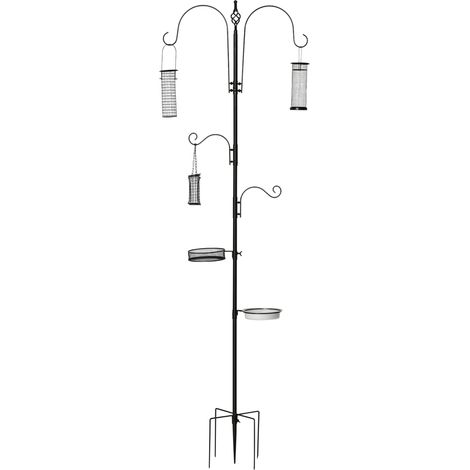 Vogel Futterstation 208 cm Vogelfutterstation mit 4 Haken, Erdspieß, Wasser- & Futterschale, Futtersäule Freistehend Vogelfutterspender für Garten Wildvögel Stahl Schwarz