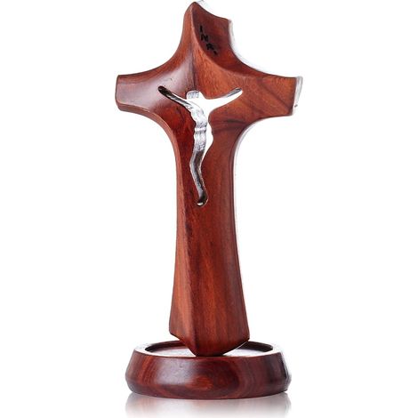 Croce in legno con piedistallo, croce cattolica in palissandro raffigurante Gesù, ideale per la preghiera e come decorazione religiosa per la casa (grande) (1/5)