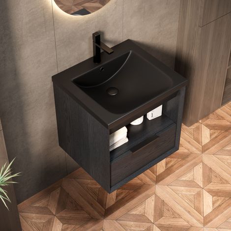 Meuble vasque suspendu de 51 cm avec vasque encastrée en céramique intégrée, bords biseautés, caisson en contreplaqué avec étagère et tiroir, pré-assemblé, coloris bois noir.