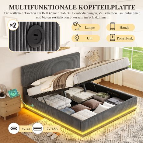 Łóżko tapicerowane 140x200 cm szare z LED i USB