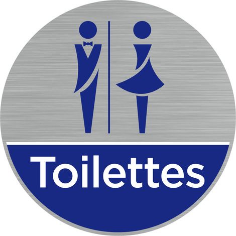 Pictogramme Toilettes mixtes.- Adhésif aspect aluminium brossé - Diamètre 83 mm (1/5)