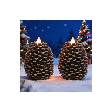 Lot de 2 bougies LED sans flamme en forme de pomme de pin avec minuterie 6 h, bougies piliers cireuses, bougie de Noël décorative en forme de gland vacillant, ambiance boisée pour la décoration d'auto (1/4)