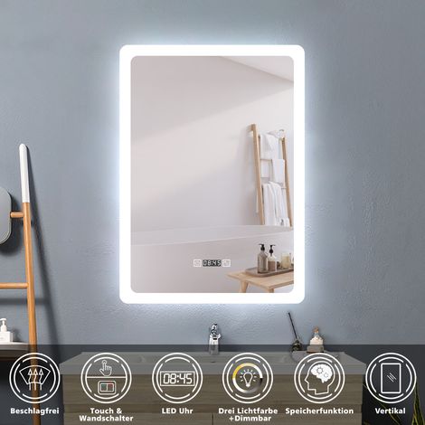 Badezimmerspiegel Badspiegel mit Beleuchtung Wandspiegel Lichtspiegel 60 x 80 cm Beschlagfrei Uhr 3 Lichtfarben Dimmbar LED Memory Funktion (1/5)