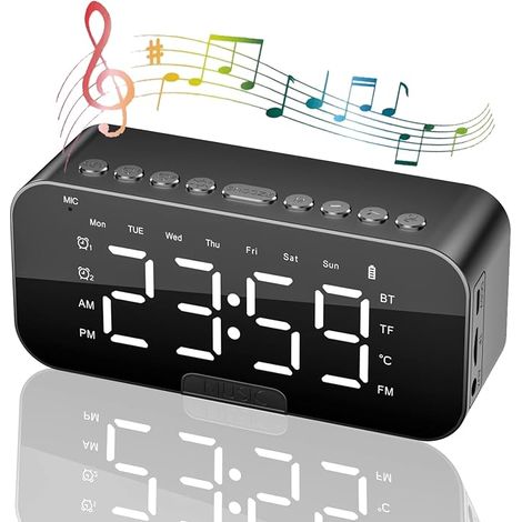 Despertadores digitales, radio despertador con altavoces Bluetooth, reloj de mesita de noche para el dormitorio, despertador con espejo LED con doble alarma, función de repetición, 3 niveles de intens (1/5)