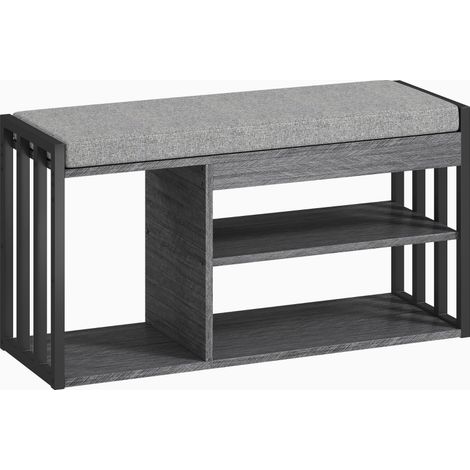 Meuble à chaussures avec banc et assise rembourrée, rangement 3 niveaux ouvert, structure métal et plateau facile à nettoyer, gris, pour entrée – CHICFURN (1/5)