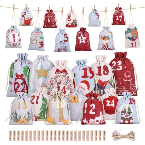 Calendrier de l'Avent à Remplir 24 Pochettes en Tissu Réutilisables avec Clips et Corde, Sacots Cadeaux DIY Noël Décoration Murale (1/5)