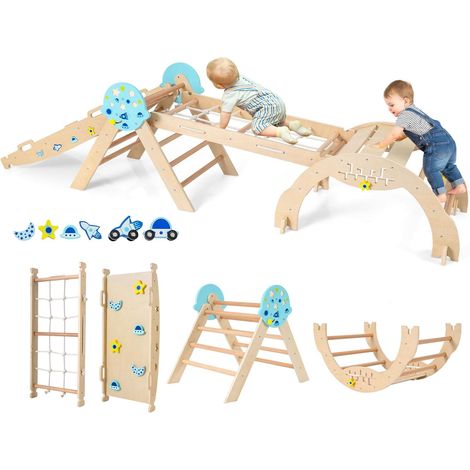 COSTWAY 8 in 1 Set da Arrampicata per Bambini, Giocattoli da Arrampicata in Legno con Triangolo Arco Rampa e Corda, Giochi Montessori per Bambini 1 Anni + (Astronauta 4 pezzi, Naturale) (1/5)