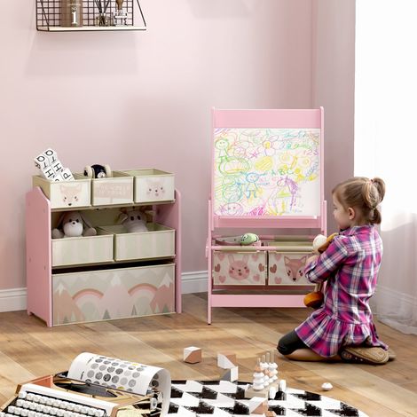 Tableau chevalet double-face rouleau papier 2 paniers + meuble à jouets de rangement à 6 boîtes, 63 x 30 x 66 cm, rose (1/5)