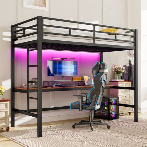 Hochbett 90 x 200 Cm Mit Schreibtisch, USB, Type-C Und LED Regulierbar, Ohne Matratze, Aus Metall, Schwarz