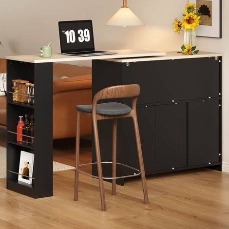 Kücheninsel 172 x 40 x 96 cm - drehbarer bartisch 360 grad - led rgb beleuchtung - glasschiebetür - aufbewahrungsschrank modern - mdf - schwarz (1/5)