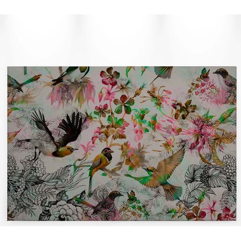 Tableau sur toile printemps pour bureau | Tableau décoratif fleur et oiseau vert, rose et jaune | Tableau fleuri style exotique 0,9 x 0,6 m (1/5)