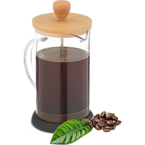 Cafetière, Machine à café Manuelle, passoire, 600 ML, théière Verre et Couvercle Bambou, Transparent/Nature (1/5)