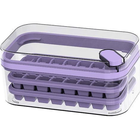 Eiswürfelform mit 64 Teilen, doppelwandig, Eiswürfelbox mit Schnappverschluss, lila