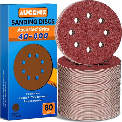 Lot de 80 papiers abrasifs 125 mm : 8 trous Disques abrasifs 40/60/80/120/150/180/240/320/400/600 grains différents Feuilles abrasives pour ponceuse excentrique pour métal, mur, bois (1/5)