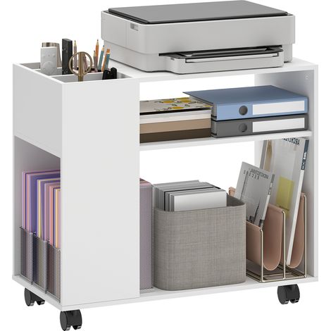 Soporte para impresora, mesa para impresora con compartimento, superficie de almacenamiento para oficina, 70 x 34 x 60 cm, blanco