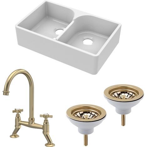 Fireclay Kitchen Bundle - 2 Bowl Stepped Weir Butler Sink, Wastes & Bridge Crosshead Tap, 795mm - Brushed Brass (1/5)