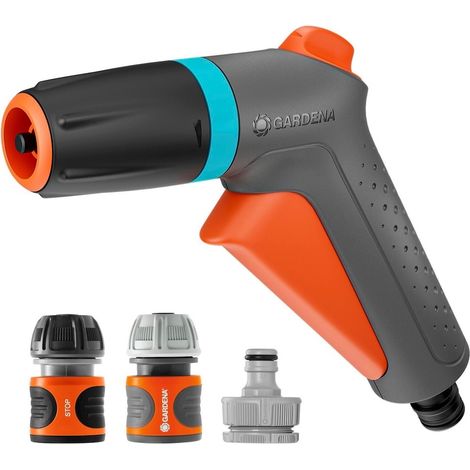 Pistola di pulizia multigetto classica + raccordo Aquastop – 2 ugelli con kit di collegamento completo GARDENA