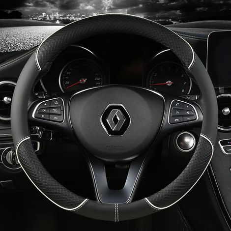 Housse de volant en cuir blanc (forme O) compatible avec Renault Scenic, Clio, Laguna 2, 3, 4, 5, Kangoo, Fluence, Megane, Trafic, Talisman, Twingo et Kaptur. (1/5)