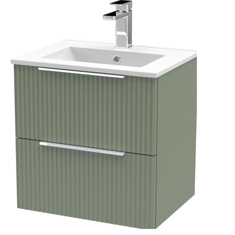 Tixall Fluted 2 Drawer Wall Hung Vanity Unit with Minimalist Basin, Satin Green, 500mm (1/4)