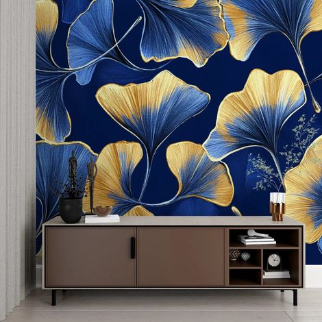 Papier Peint Japonais - Feuilles de ginkgo bleu et or - 150 x 250 cm (1/2)