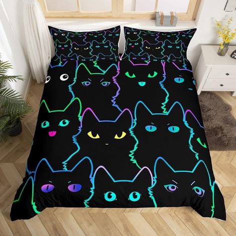 Housse de Couette 140x200 Enfant Fille Chat 1 Personne, Parure de Lit Adolescent Chat Noir, Sets de Housses de Couettes Animaux de Dessin Animé, avec 1 Taie d'oreiller 65x65 cm - 140x200cm + 1 Taie Or (1/5)