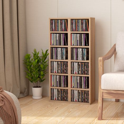 2 CD- oder DVD-Regale mit 12 Fächern für 204 CDs und verstellbarem Einlegeboden, 21 x 22,5 x 88,5 cm, Eiche (1/5)