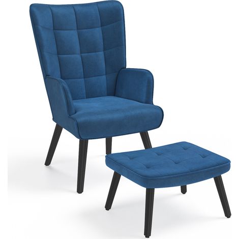 Idmarket – Fauteuil scandinave ANIA – Repose-pieds en velours bleu – Dimensions 58x67x94,5 cm – Confort optimal avec assise moelleuse