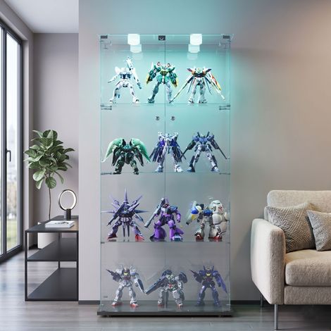 Vitrina de cristal con lámpara - Vitrina moderna independiente de cristal templado transparente con 4 estantes y 2 puertas - Colección Vitrinas - Negro