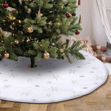 Jupe de Sapin de Noël, Tapis Sapin Noël Blanc 78 cm Couvre Pied Sapin Noël, Peluche Jupe Arbre de Noël, Décorations d'arbre de Noël, Peluche Couvre-Pied de Sapin avec Flocon de Neige (Argent) (1/5)