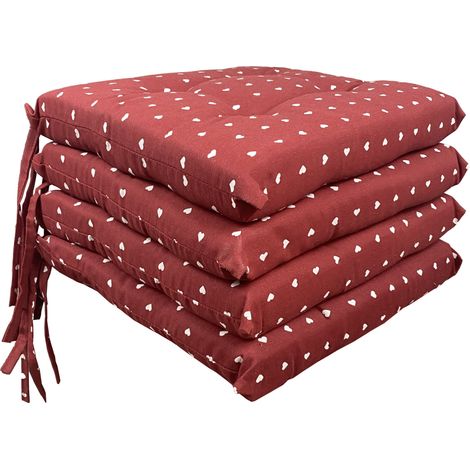 Set 4/6 Cuscini Sedia Con Lacci Cuscino 4 Punti Imbottiti Spessore 6 Cm Cuoricini Bordeaux - 6 Pezzi
