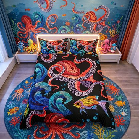 Parure de lit respirante en lin avec housse de couette pour enfants, garçons, filles, adolescents, poissons tropicaux, animaux sous-marins, motif pieuvre rouge (1/4)