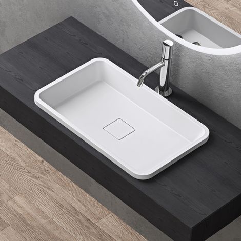 doporro Lavabo ad Incasso Soprapiano Lavandino bagno da Appoggio Rettangolare in Resina Minerale, Senza Foro Rubinetto, Piletta Inclusa, Colore Bianco Opaco 53x33x10,5 cm - Colossum104