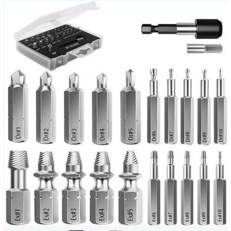 Kit d'Extracteur de Vis Cassé, 22 PCS Outils d'Extraction Améliorés en Acier Allié HSS 4341 avec Mèches 2 Porte-embouts d'Extension Magnétique Adaptateur de Prise pour Boulon Endommagé, Noir (1/5)