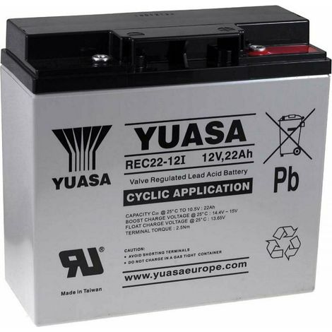 Yuasa – Batterie plomb étanche 12V 22Ah REC2212 – VRLA sans entretien pour alarme et portail électrique – Longueur 181mm – Poids 6.2kg