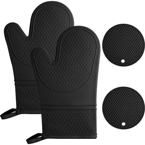 Paar Silikon-Ofenhandschuhe mit 2 Topflappen, hitzebeständig bis 240 °C, rutschfeste Küchenhandschuhe zum Grillen, Kochen, für Backofen und Mikrowelle, Schwarz (1/5)