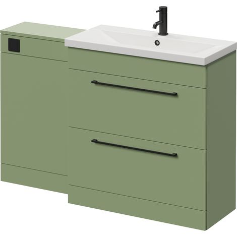 Napoli 390 Olive Green 1300mm 2 Drawer Vanity Unit Toilet Suite with Glide Basin - 1300mm - Matt Black 480mm HandleWithout Kingston Toilet Pan