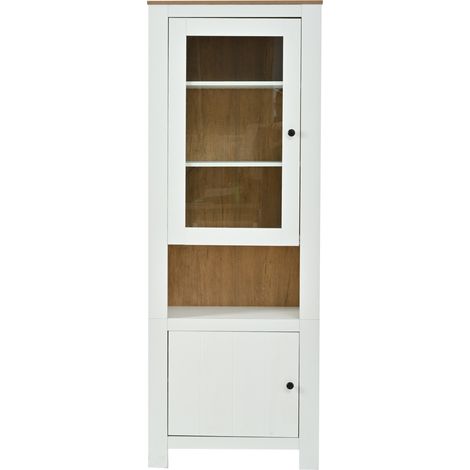 Armoire haute 70x40x188 cm avec vitrine LED, 2 portes, 6 étagères réglables, bois clair et blanc (1/5)