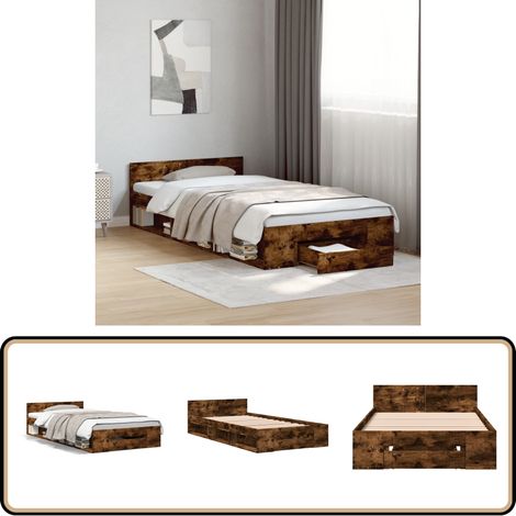 Cadre de lit avec tiroir sans matelas chêne fumé 90x190 cm - Cadre De Lit - Lit Double - Meuble De Chambre - Rangement Sous Lit - Tiroir Intégré