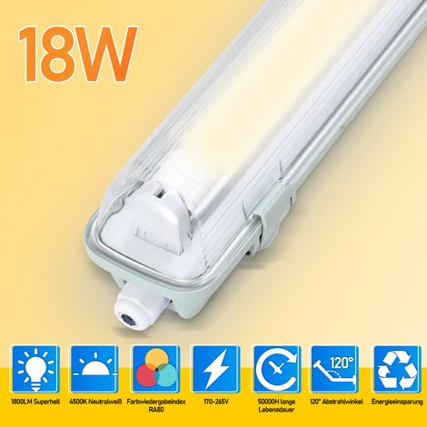 Wolketon LED Feuchtraumleuchte Badlampe Keller Wannenleuchte Tube Lamp 120cm 1 x 18W T8 Röhre Neutralweiß 4500K IP65