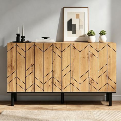 Credenza bassa da soggiorno, 120x35x70 cm, mobile contenitore con 3 ante, elegante design con motivo ondulato in legno e metallo, legno naturale (1/5)