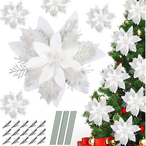 (blanc)Lot de 12 fleurs pour sapin de Noël, fleurs artificielles avec clips, fleurs artificielles avec paillettes en poudre pour décorations de Noël, guirlande (1/5)