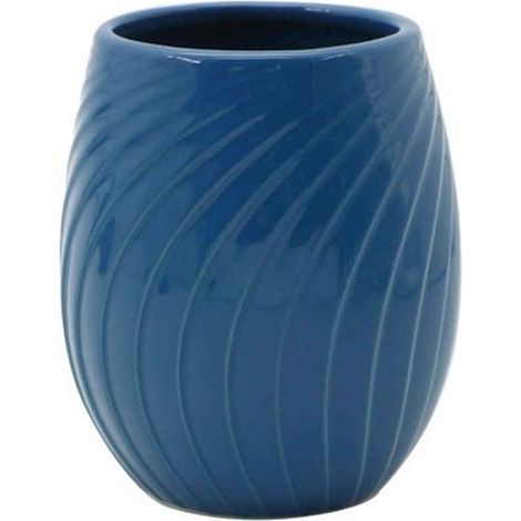 Cleafe - Bicchiere Porta Spazzolini In Ceramica Rigata Blu Accessori Arredo Bagno 79955 - (1/2)